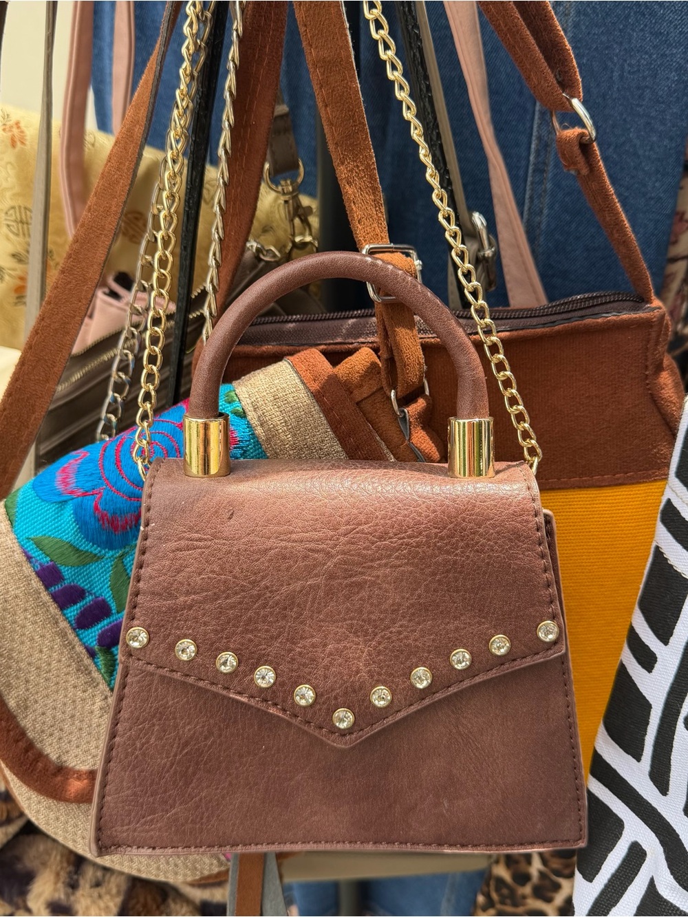 Classic Brown Mini Top-Handle Bag with Stud Detail
